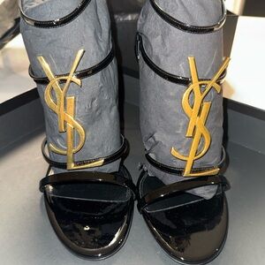 Saint Laurent Black Patent Cassandra Heels with Gold plate